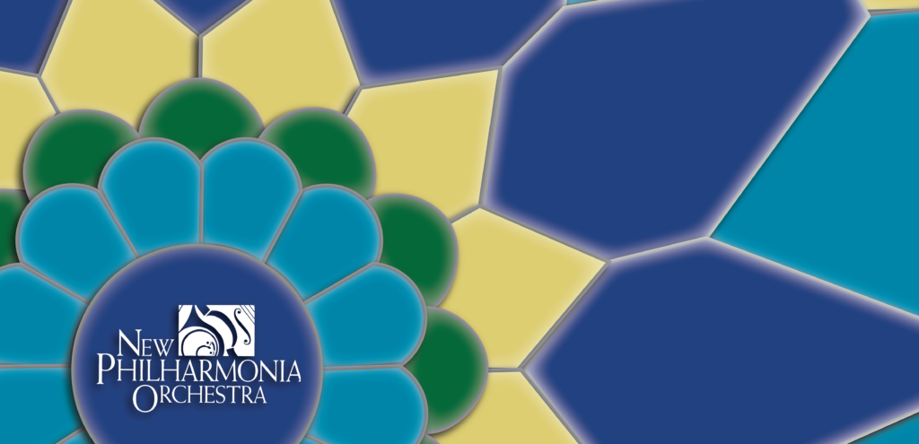 An image of a mosaic in shades of blue, green, and yellow, radiating from a blue circle with the New Philharmonia Orchestra logo inside it.